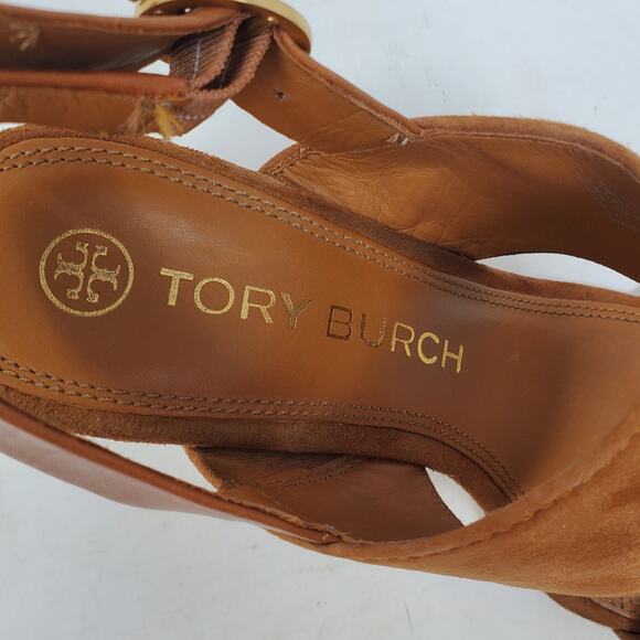 Tory Burch Selby 75MM Block Heel Sandals Silk Suede Ambra Tan 64760 Size 8.5 M - Picture 9 of 13